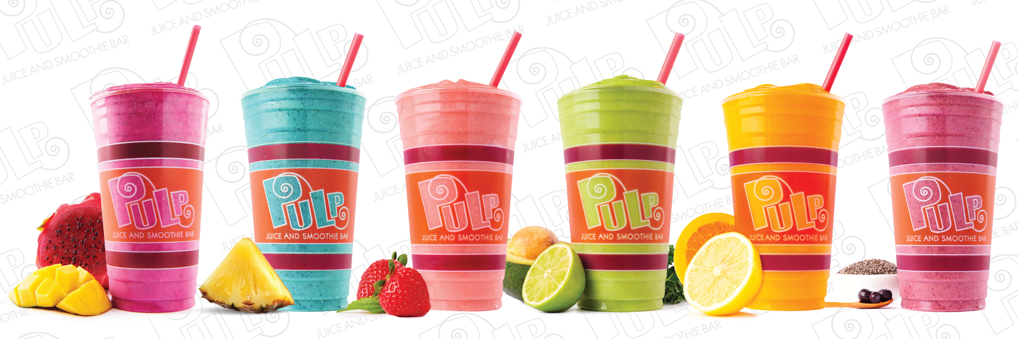 A row of Pulp Smoothie cups with fruit between them